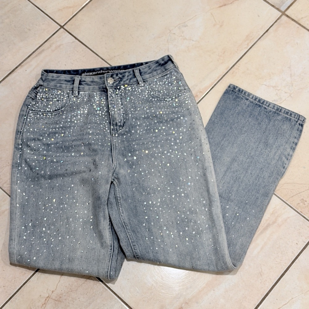 Alexander Wang Crystal Rhinestone Embellished Straight Jeans S 28 Gray Blue Y2K